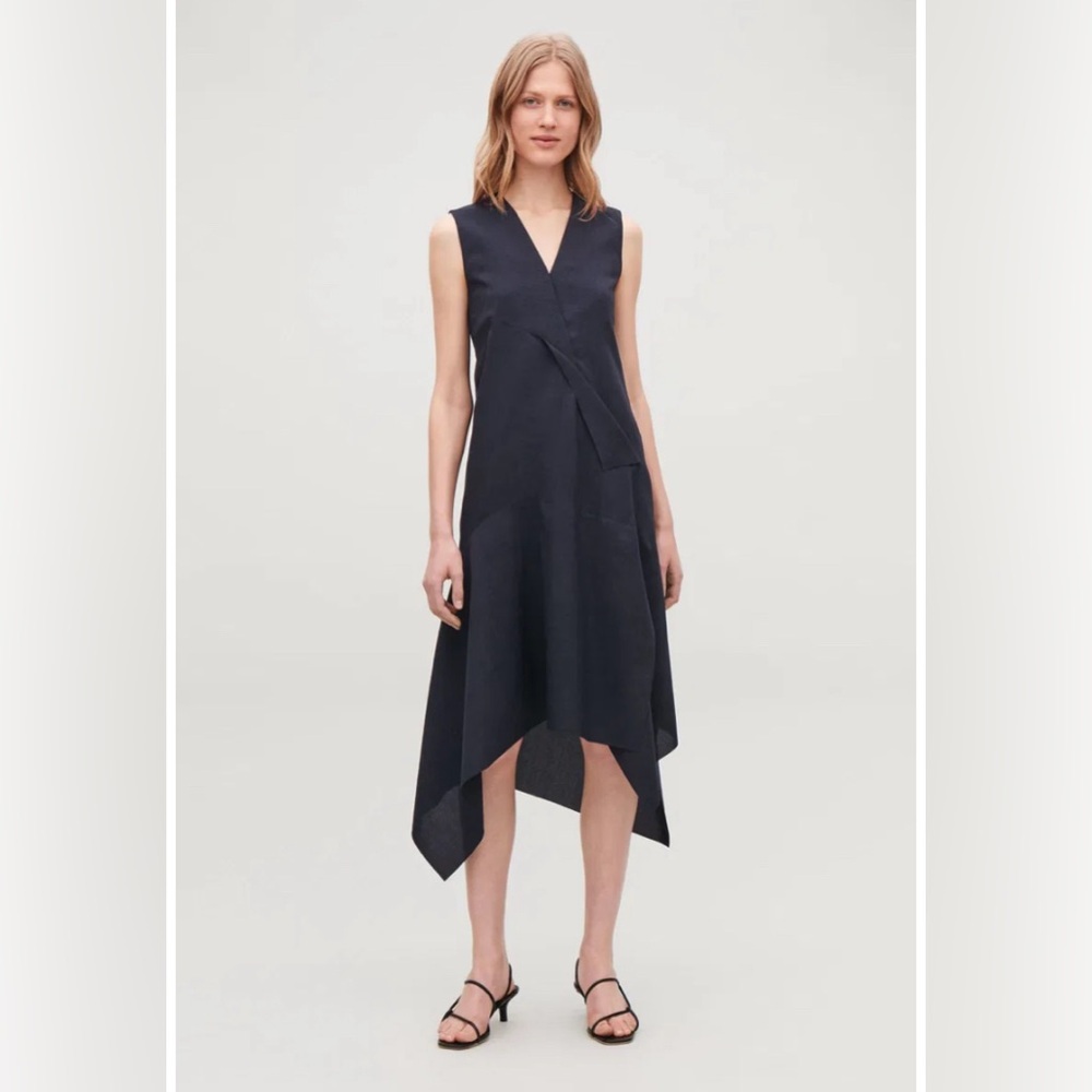 NWOT COS Draped Patchwork Dress in navy, Size 10